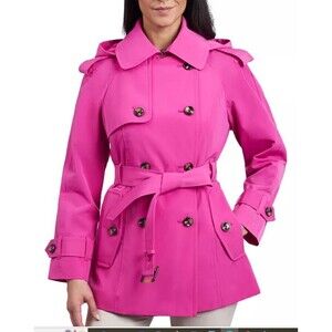 London Fog WOMEN PINK CERISE MEDIUM Double Breasted Hooded Belted Trench Coat